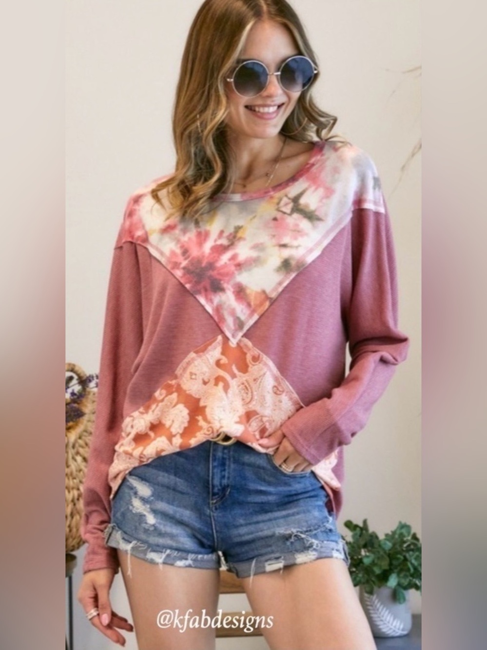 ADORA Pink Rose Mauve So Soft Patchwork Pullover Tie Die & Paisley Long Sleeve T